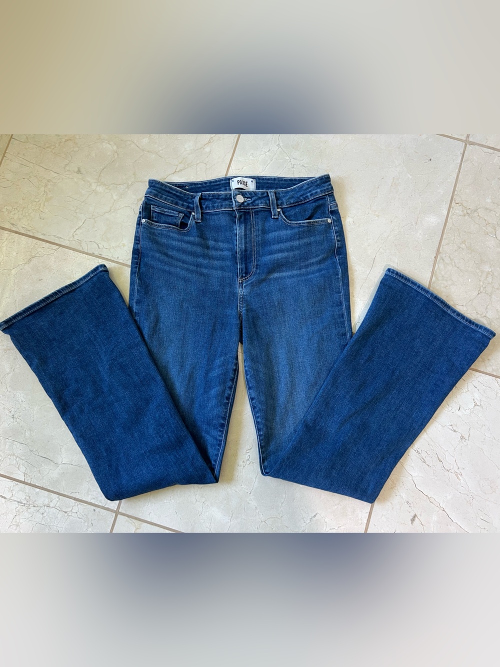 PAIGE Medium Wash Boot Cut Jeans in Blue